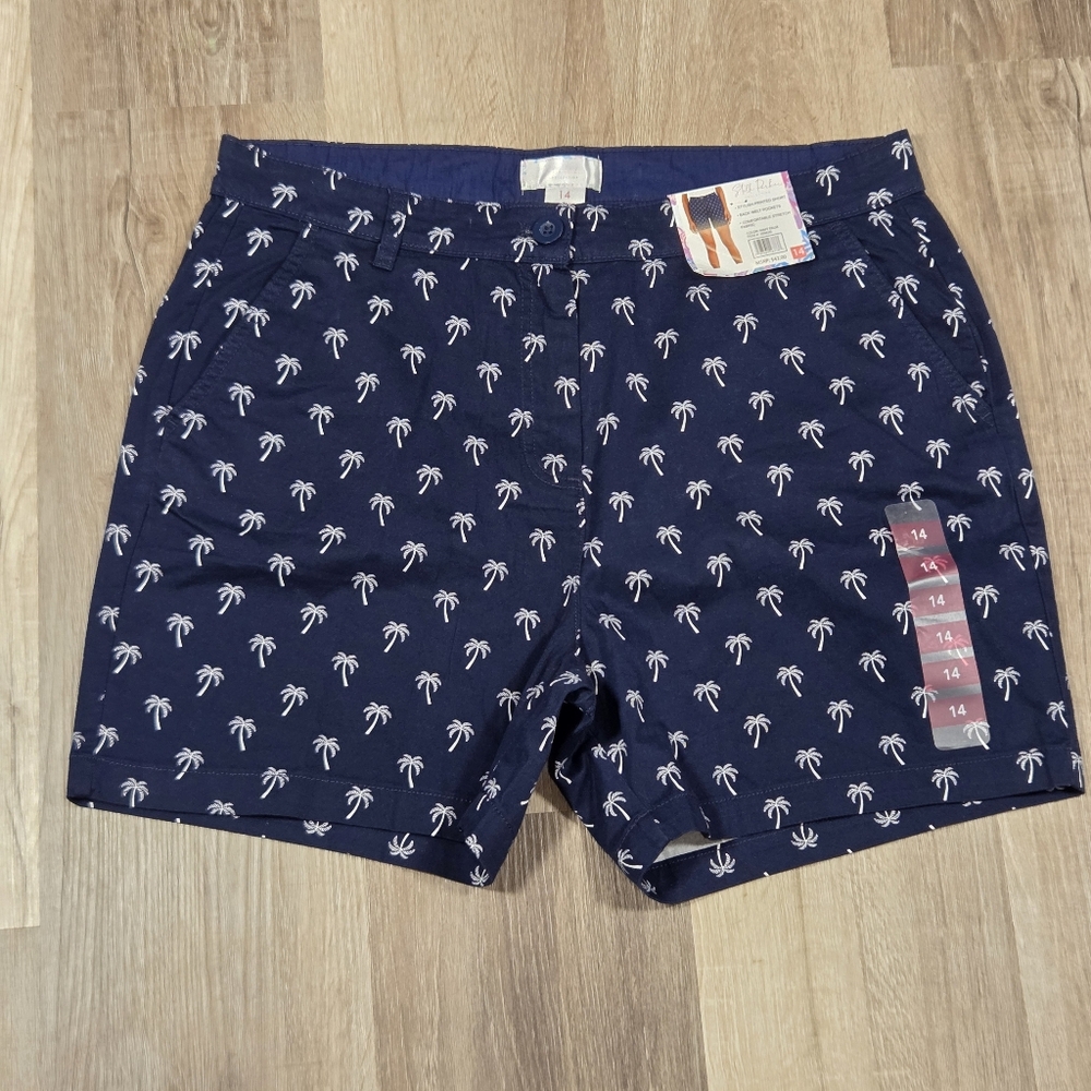 NWT Stella Parker Collection Womens Stretch Fabric Shorts Navy Palm Size 14